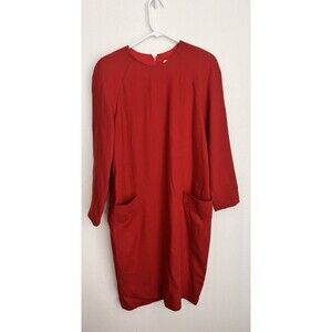 VTG Pierre Balmain Paris Red Long Sleeve Shift Midi Dress Pockets Minimalist L